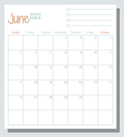 June 2022 calendar month planner with To Do List, week starts on Sunday, template, mock up calendar leaf illustration. Vector graphic pageのイラスト素材