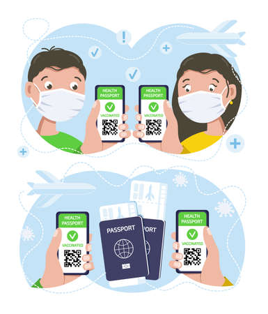 European man and woman collection with Certificate of vaccination on mobile phone in hand with QR code for health passport concept, app with online tracking virus infection immune. Vector illustration.のイラスト素材