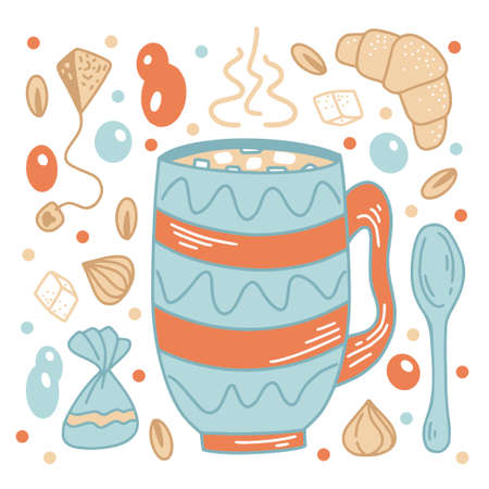 Hot chocolate set in hand drawn style, tea, coffee, macchiato in different shapes and forms in autumn colors isolated on white background. Vector illustration.のイラスト素材