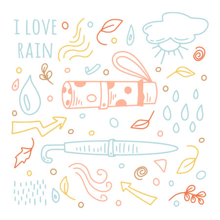 Cute umbrella set in hand drawn style for autumn concept in different shapes in autumn colors isolated on background. Vector illustration.のイラスト素材