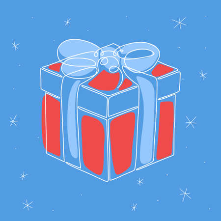 Present box and ribbon decoration icon illustration in one line art style by white outline with snowflakes on color background. Vector icons for business and holidaysのイラスト素材