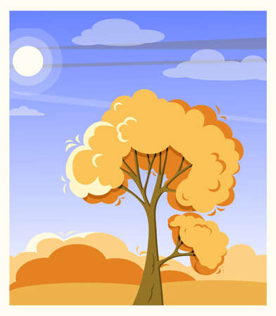 Autumn landscape card with yellow forest for hiking or camping concept. Autumn travel poster or sticker design. Vector illustration in flat styleのイラスト素材