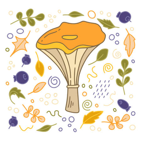 Mushroom set with leaves and berries in color isolated on a white background for autumn or thanksgiving cards, t-shirt design, coloring page. Vector illustrationのイラスト素材