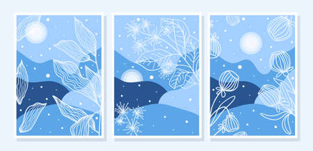 Winter set of abstract floral backgrounds for social media stories and poster in blue tones with snowflakes and sun, can be use for event invitation, card design, ad. Vector illustrationのイラスト素材