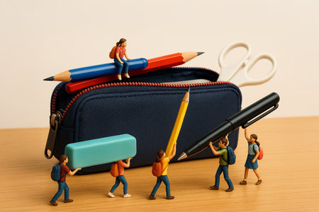 Miniature students carry oversized pens and erasers around a closed pencil case on a wooden desk.の素材