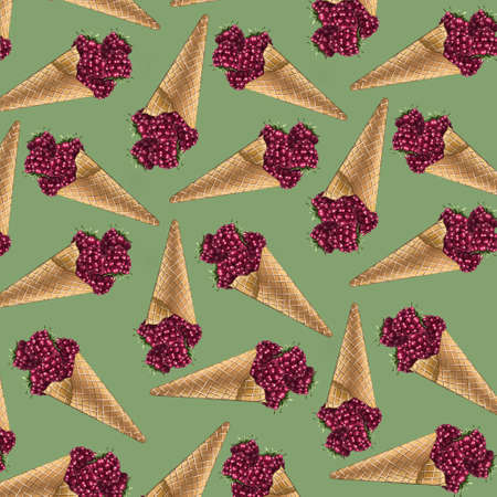 Ripe raspberries in a waffle coneの写真素材