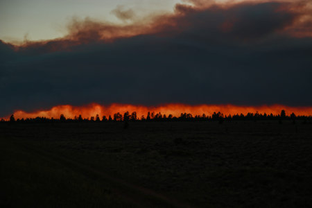 Road Trip during wildfires on the horizon in Arizona. Climate change, wildfires, dramatic views.の写真素材