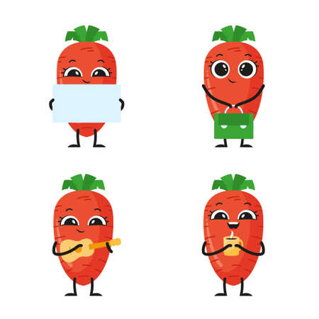 Set of stickers with cute cartoon carrots. Carrot emoji with different emotions. flat cartoon illustrationsのイラスト素材
