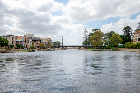Pedestrian bridge and a small harbour in East Perth suburb Western Australia
