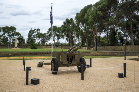 Gun in front of ANZAC war memorial in Joondalup Central Park, Perth, Western Australiaのeditorial素材
