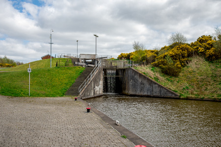 A lock connecting Union canal with a top of Falkirk Wheel canal in central Scotlandの写真素材