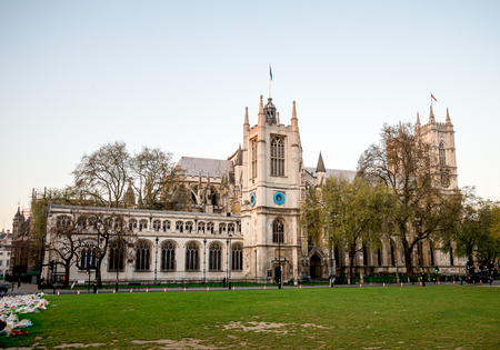 A view to St Margaret's Church from Parliament Square Garden early in the morning in Westminster, Central Londonのeditorial素材