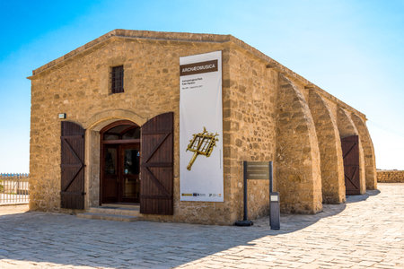 Paphos Archaeological Park visitor centre with Archeomusica event poster, Cyprusのeditorial素材