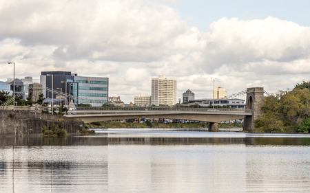 Wellington suspension bridge over river Dee near Aberdeen city centre, north-east Scotlandの写真素材