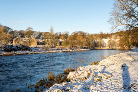 Scenic view of Don river and winter landscape from Seaton Park, Aberdeen, Scotlandの写真素材