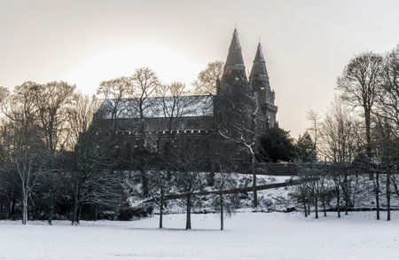 Entrance to Seaton park near St Machar's Cathedral and information stand with a park map, winter season, Aberdeen, Scotlandのeditorial素材