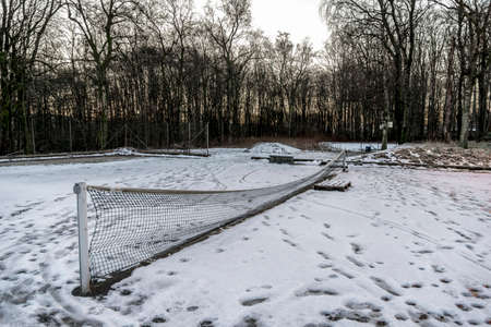 Tiny icicles on a tennis table improvised board net in one of the outdoor parks in Stavanger city, Norway, December 2017の写真素材