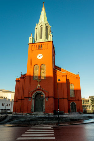 Entrance to Lagard cemetery office and chapel with scenic glass walls, Stavanger, Norway, December 2017のeditorial素材