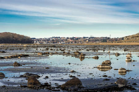 Shallow and muddy coastline of Hafrsfjord fjord with scattered stones and rocks, Tananger, Norway, March 2018の写真素材