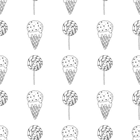Black and white lollipops and ice cream in a cone on a white background. Seamless pattern coloring book for kids and adults. Suitable for packaging, fabrics, wallpapers and simple coloringsのイラスト素材