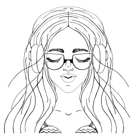Beautiful girl with headphones on her head listens to music. Black and white illustration for posters and cards. Coloring for adults and older children. Vector illustration.のイラスト素材