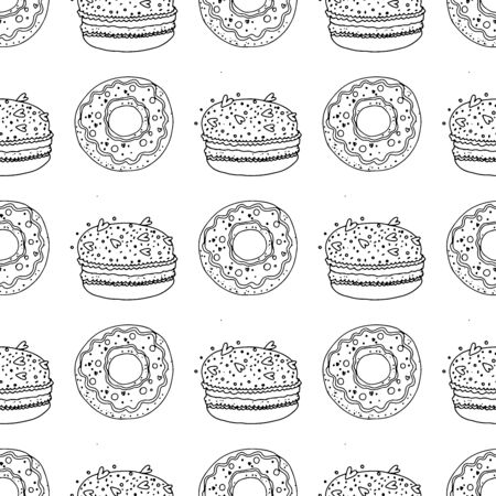 Black and white donuts and macaroon cakes on a white background. Seamless pattern coloring book for kids and adults. Suitable for packaging, fabrics, wallpapers and simple coloringsのイラスト素材