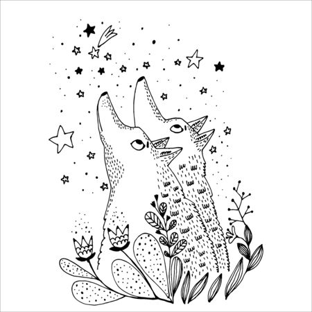 Two wolves look at the stars. Black and white illustration for posters and cards. Vector illustration.のイラスト素材