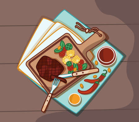 Food on a wooden board. Meat with vegetablesのイラスト素材