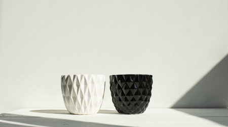 Black-and-white pots on wood table. White wall, background with sunlight and shadows. Modern...
