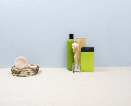 Cosmetic composition with dry flowers. Beauty products for cleansing and peeling face or body on...