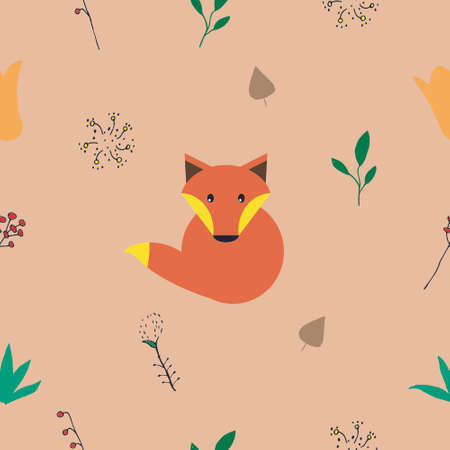 Colorful seamless pattern set with icon animal fox and doodle autumn flowers, leaves. Decorative print for web, fill, background, wallpaper, fabric textile. Vector illustration background.のイラスト素材