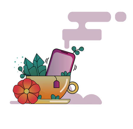 Thin line icon tech with flowers and cup. Colorful vector illustration. Logo, elements. Gift box, smartphone, screen, leaves. Graphic design.のイラスト素材