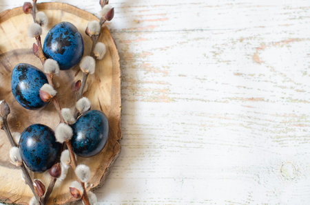 Easter wooden background with blue and red quail eggs, willow branches on a cut tree. Copy space....