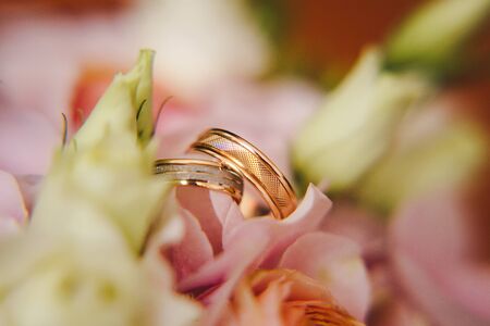Two Golden Wedding Rings on flowers macro shotの写真素材