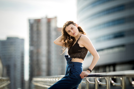 A portrait of a beautiful Caucasian woman outdoorの写真素材