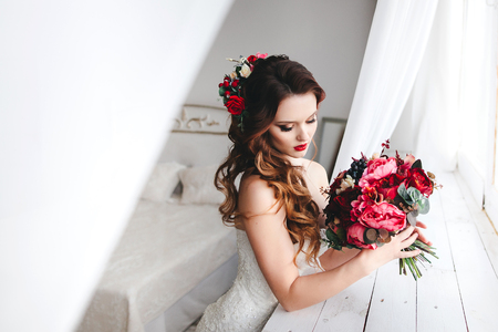 Beautiful bride portrait with bright make-upの写真素材