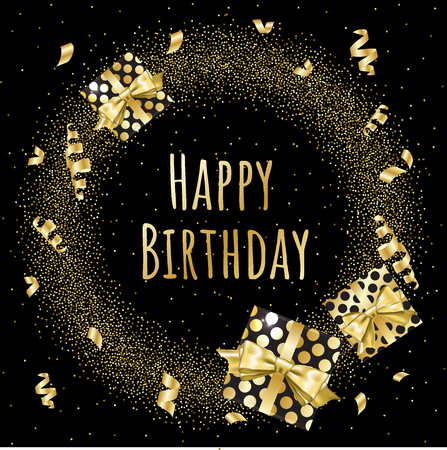 Gold gift boxes and confetti on black background. Birthday template. EPS10のイラスト素材