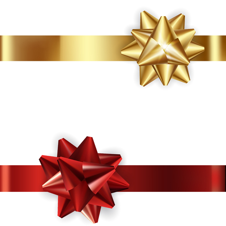 Set of decorative golden and red bows with horizontal ribbons isolated on white. eps10のイラスト素材