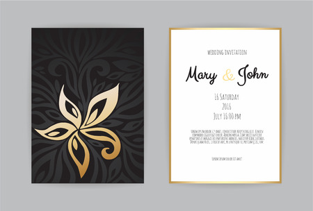 Vintage wedding invitation templates. Cover design with gold leaves ornaments. Vector traditional decorative backgrounds.のイラスト素材