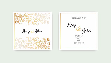 Vintage wedding invitation templates. Cover design with gold leaves ornaments. Vector traditional decorative backgrounds.のイラスト素材