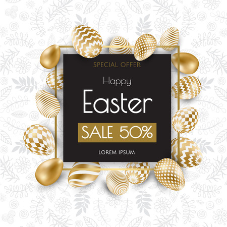 Happy Easter lettering background with realistic golden shine decorated eggs, confetti, golden brush splash vector illustration greeting card, ad, promotion, poster, flyer, web-banner.のイラスト素材
