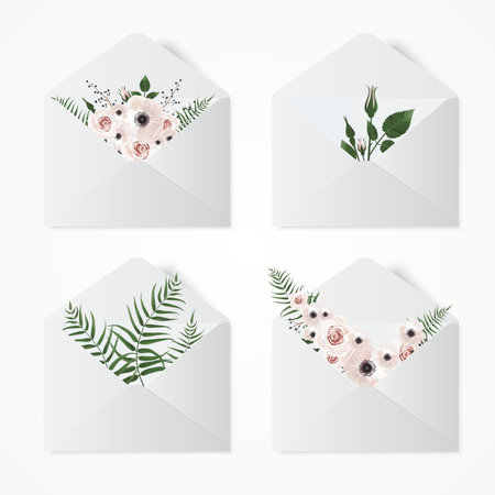 Set opened envelope with flowers. Illustration with white envelopes and flowers.のイラスト素材