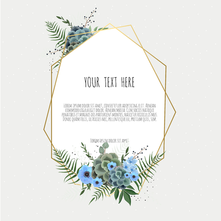 Vector floral design card. Greeting, postcard wedding invite template. Elegant frame with green leaves herbs in watercolor style.のイラスト素材