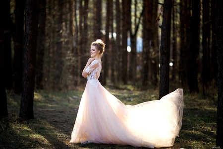 Portrait of beauty bride in white dress. bride is walking in the woodsの写真素材