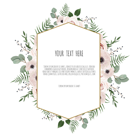 Vector floral design card. Greeting, postcard wedding invite template. Elegant frame with rose and anemone.のイラスト素材
