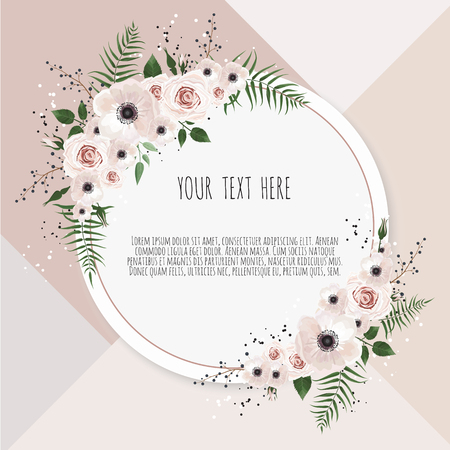 Vector floral design card. Greeting, postcard wedding invite template. Elegant frame with rose and anemone.のイラスト素材