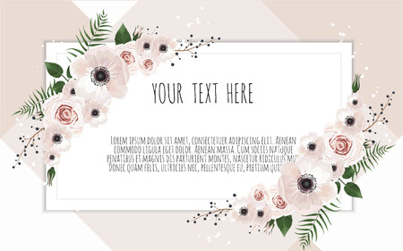 Vector floral design card. Greeting, postcard wedding invite template. Elegant frame with rose and anemone.のイラスト素材