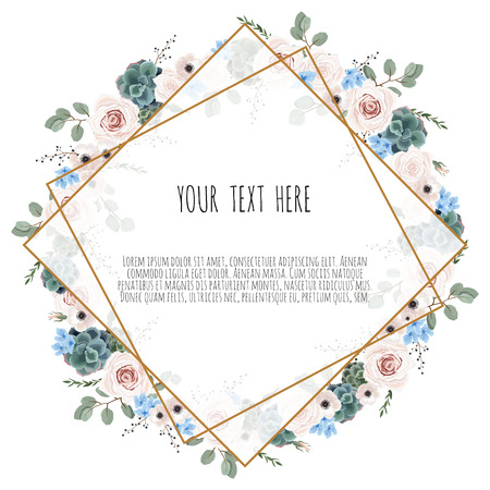 card with leaves and geometrical frame. Floral poster. Floral poster, invite. Vector decorative greeting card, invitation design background.のイラスト素材