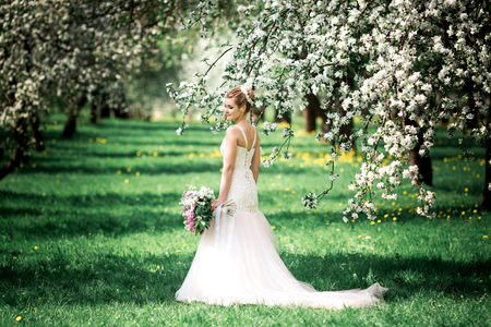 Beautiful girl hands with a branch of a blossoming apple tree. Young beautiful blonde woman in blooming garden. Bride.の写真素材