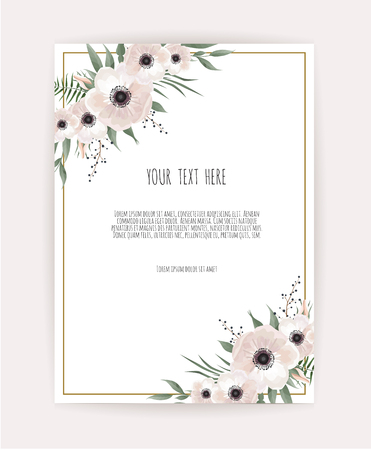 Vector floral design card. Greeting, postcard wedding invite template. Elegant frame with rose and anemone.のイラスト素材